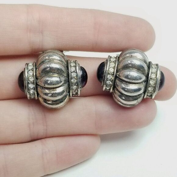 Vintage Silver Tone Fluted Clip On Earrings with Side Dark Red Cabochons, Signed - Picture 1 of 9